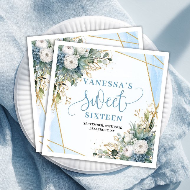 Guardanapo De Papel De Jantar Elegant Sweet Sixteen Blue and Gold Party Napkins (Elegant Sweet Sixteen Blue and Gold Party Napkins)
