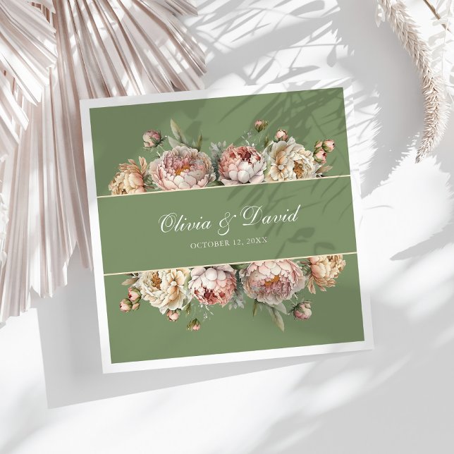 Guardanapo De Papel De Jantar Elegante Blush Sage Green Peoney Paper Napkin (Elegant Blush Greenery Peonies Paper Napkin on a sunny white table.)