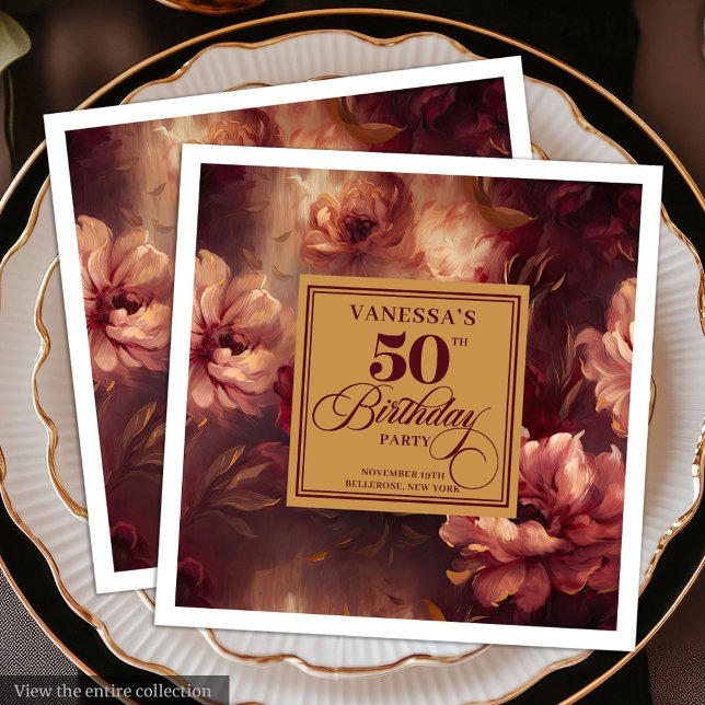 Guardanapo De Papel De Jantar Elegante Boho Burgundy Blush Dourado 50º Aniversár (Elegant Boho Burgundy Blush Gold 50th Birthday Paper Dinner Napkins)