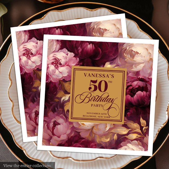 Guardanapo De Papel De Jantar Elegante Burgundy Blush Rosas Dourados 50º anivers (Elegant Burgundy Blush Gold Roses 50th Birthday Paper Dinner Napkins )