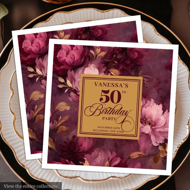 Guardanapo De Papel De Jantar Elegante Burgundy Blush Rosas Dourados 50º anivers (Elegant Burgundy Blush Gold Roses 50th Birthday Paper Dinner Napkins)