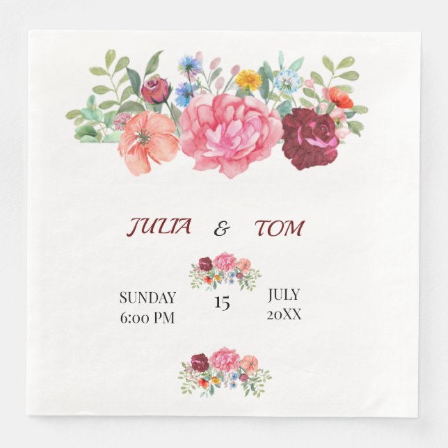 Guardanapo De Papel De Jantar Elegante Burgundy e Rosy Floral (Frente)