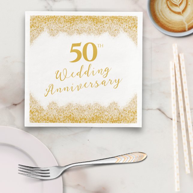 Guardanapo De Papel De Jantar Elegante Faux Dourado Glitter 50º Aniversário de C (Elegant Faux Gold Glitter 50th Wedding Anniversary Paper Dinner Napkins)