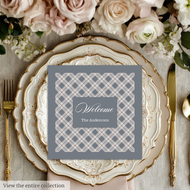 Guardanapo De Papel De Jantar Estilo de Mesa Chic da Xadrez Personalizada Napkin (Personalized Grey Plaid Napkins Chic Table Style)