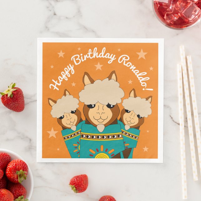 Guardanapo De Papel De Jantar Feliz Aniversário Bonito Alpacas em Serapos Teais (Insitu)