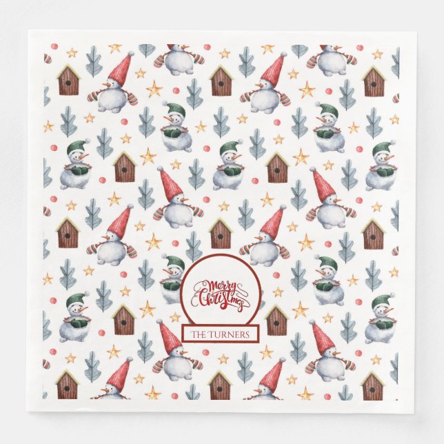 Guardanapo De Papel De Jantar Feliz Natal Snowman Snowflakes Monograma (Frente)