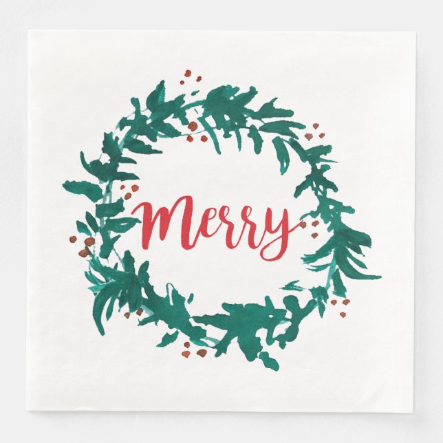 Guardanapo De Papel De Jantar Feliz Wreath Berry Red Script Natal (Frente)