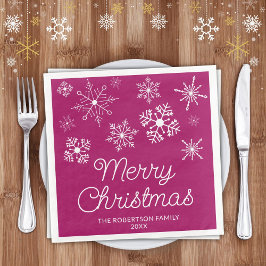 Guardanapo De Papel De Jantar Festa de Natal com Flocos de Neve Brancos Magenta