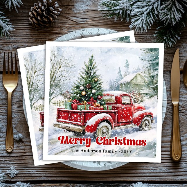 Guardanapo De Papel De Jantar Festive red truck Christmas scene rustic table  (Festive red truck Christmas scene rustic table Paper Dinner Napkins)