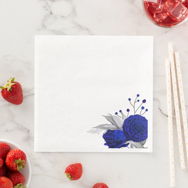 Guardanapo De Papel De Jantar flores azul real & folhas prateadas (Insitu)