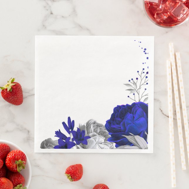 Guardanapo De Papel De Jantar flores azul reale & casamento de folhas prateadas (Insitu)
