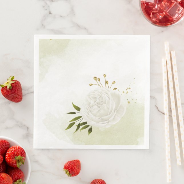 Guardanapo De Papel De Jantar Flores brancas boho folhas verdes botânico (Insitu)