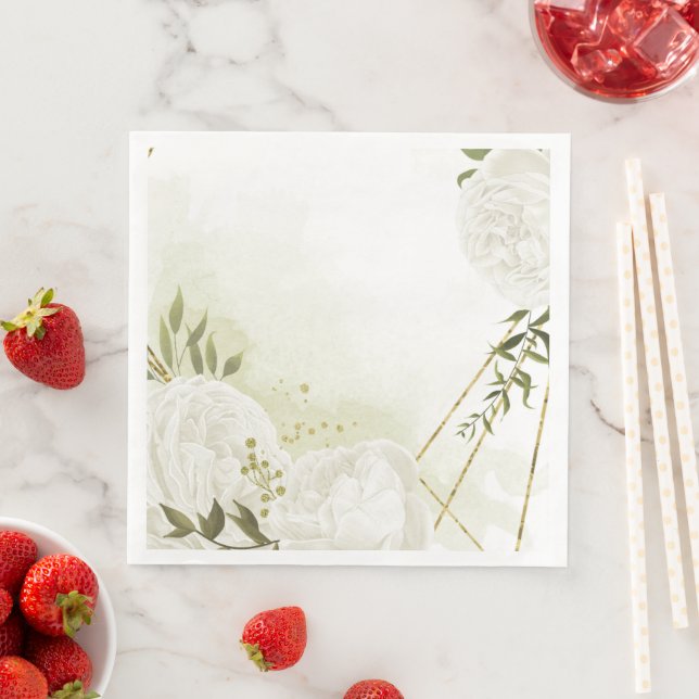 Guardanapo De Papel De Jantar Flores brancas boho verde folhas papel botânico di (Insitu)