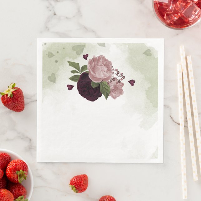 Guardanapo De Papel De Jantar flores rosa e cabernet verde (Insitu)