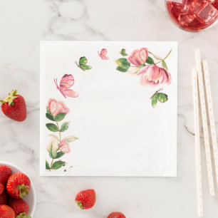 Guardanapo De Papel De Jantar flores rosa-quente folhas verdes borboletas