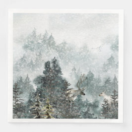 Guardanapo De Papel De Jantar Foggy Mountain Snowy Woodland Stag Deer