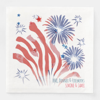 Guardanapo De Papel De Jantar Fogos de Artifício em Aquarela Vermelha e Azul sob