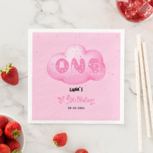 Guardanapo De Papel De Jantar Fonte de Gato Fofo Nuvem Rosa Aquarela 1º Aniversá