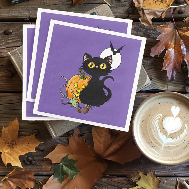 Guardanapo De Papel De Jantar Gato Negro Puro de Abóbora de Halloween (Criador carregado)