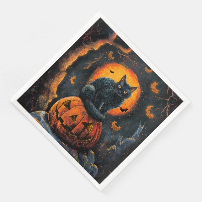 Guardanapo De Papel De Jantar Gato Negro Spooky do Halloween num Jack O' Lantern (Canto)
