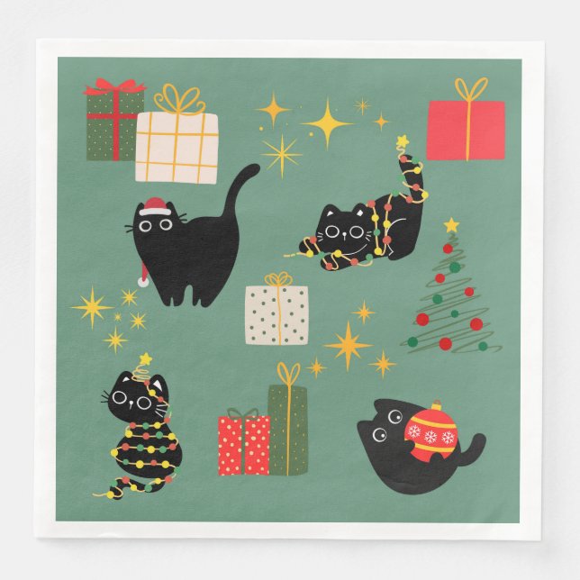 Guardanapo De Papel De Jantar Gatos Pretos de Natal (Frente)