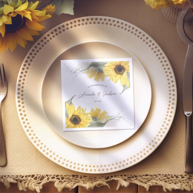 Guardanapo De Papel De Jantar girassol rústico, casamento outono (Rustic Sunflower Themed, Wedding paper napkin. Personalized with Bride & groom's names)