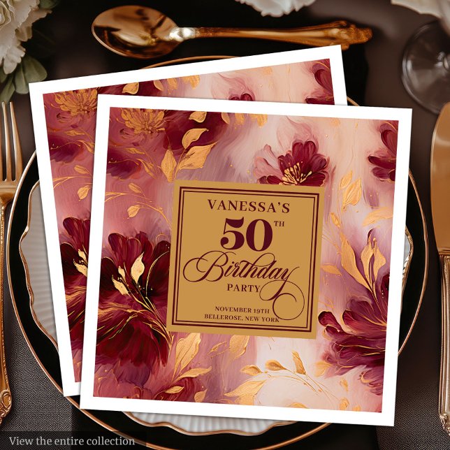 Guardanapo De Papel De Jantar Glam Burgundy Blush Dourado Floral 50º Aniversário (Glam Burgundy Blush Gold Floral 50th Birthday Paper Dinner Napkins)