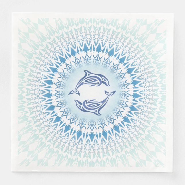 Guardanapo De Papel De Jantar Golfinhos Mandala Azul Branco (Frente)