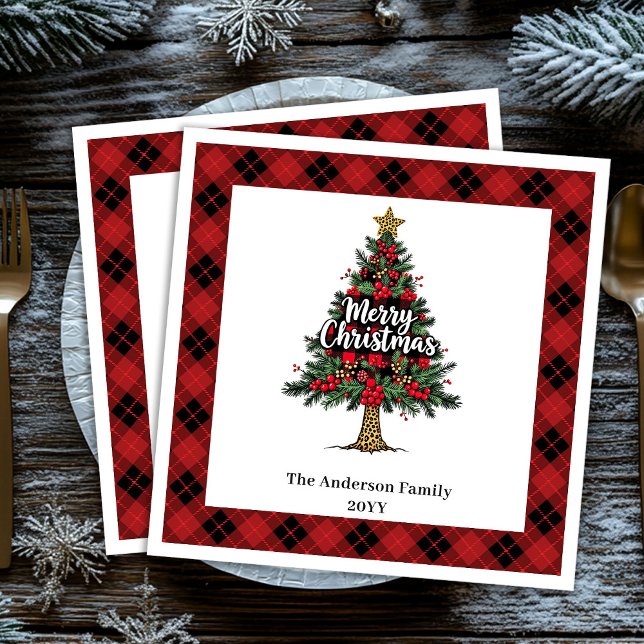 Guardanapo De Papel De Jantar Guardanapo de Natal Personalizado com Búfalo Rústi (Rustic Buffalo Christmas Napkin Personalized)
