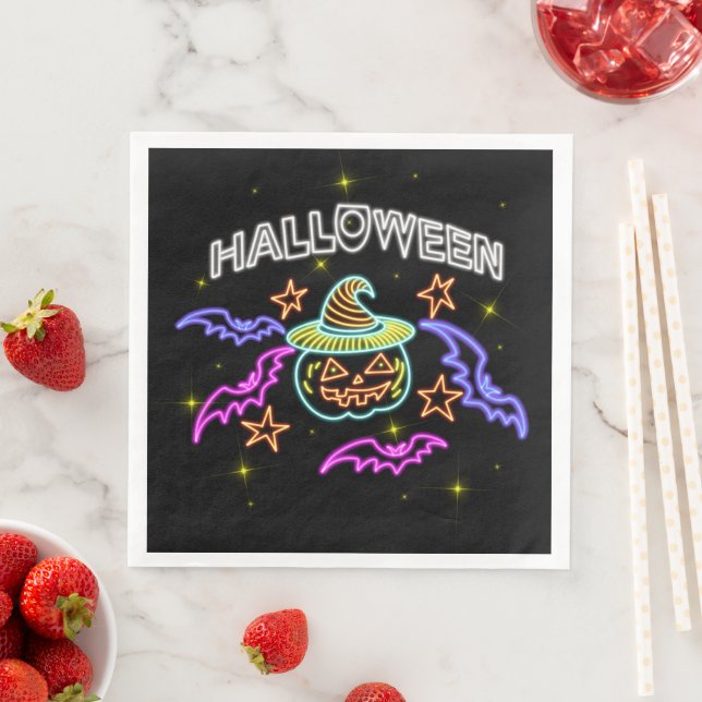 Guardanapo De Papel De Jantar Halloween Neon Look Pumpkin Hat Bats Party (Insitu)