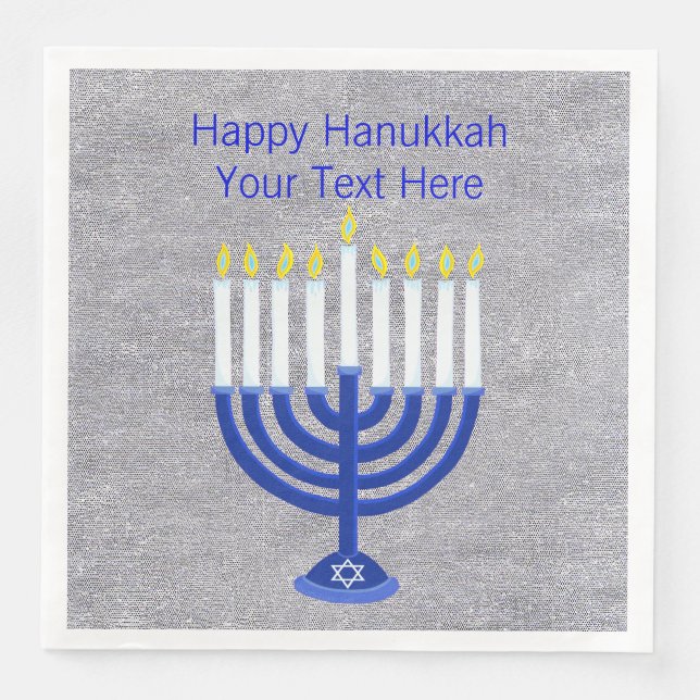 Guardanapo De Papel De Jantar Hanukkah Dark Blue Menorah Em Faux Silver Large (Frente)