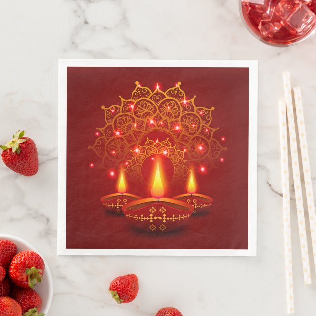 Guardanapo De Papel De Jantar Happy Diwali Red Dourada Sparkle Mandala Diya Cand (Insitu)