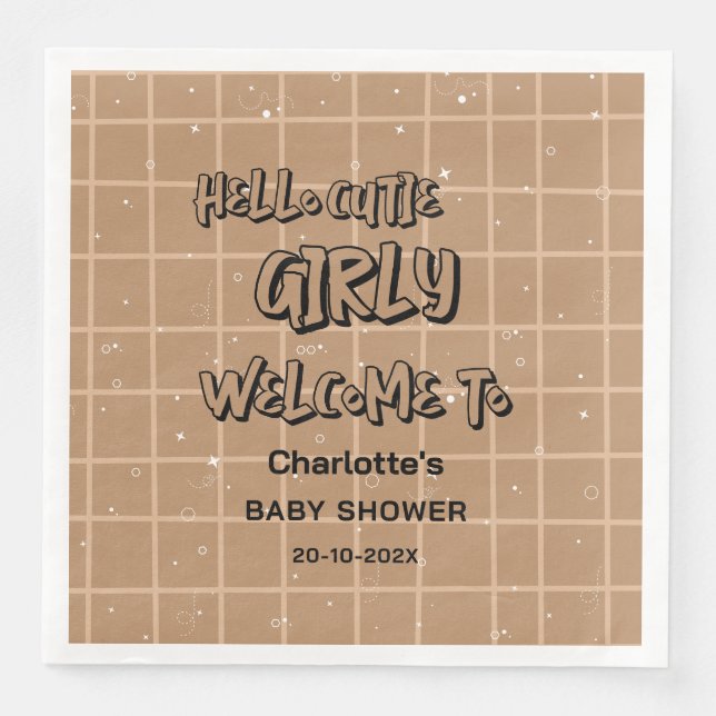 Guardanapo De Papel De Jantar Hello Cutie Girly Cute Brown Gingham Baby Shower (Frente)