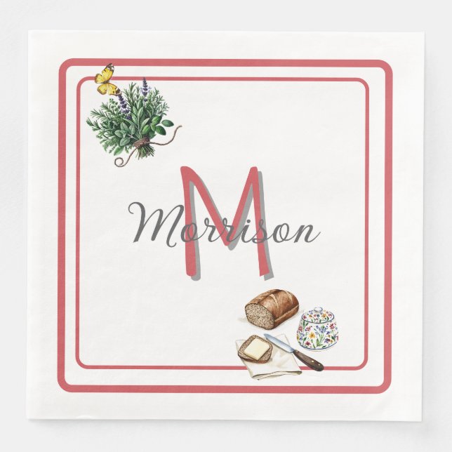 Guardanapo De Papel De Jantar Herbos de Aquarela e Fábrica de Pão Vermelho Perso (Frente)