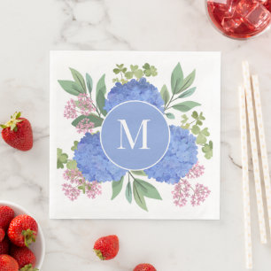 Guardanapo De Papel De Jantar Hydrangeas Azul Monograma Personalizado do Buquê M