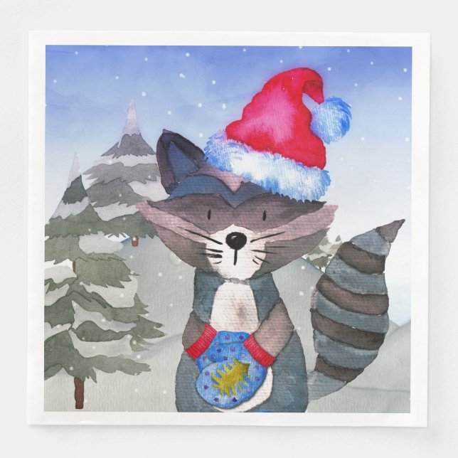 Guardanapo De Papel De Jantar Ilustração do Racoon Amigos da Floresta de inverno (Frente)