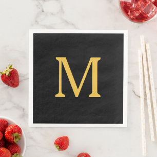 Guardanapo De Papel De Jantar Iniciais de Monograma Dourado Preto Nome Personali