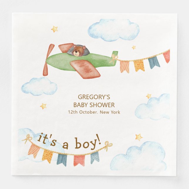 Guardanapo De Papel De Jantar It's A Boy Bear Airplane Sky Baby Shower  (Frente)