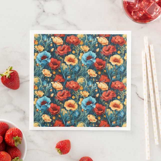 Guardanapo De Papel De Jantar Lindo Padrão de Flores Amarelas Azuis e Vermelhas (Insitu)