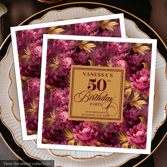 Guardanapo De Papel De Jantar Luxury Boho Marsala Blush Dourado 50º Aniversário (Luxury Boho Marsala Blush Gold 50th Birthday Paper Dinner Napkins )