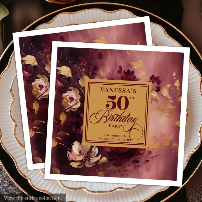 Guardanapo De Papel De Jantar Luxury Marsala Blush Douradas Flores 50º Aniversár (Luxury Marsala Blush Gold Flowers 50th Birthday Paper Dinner Napkins)
