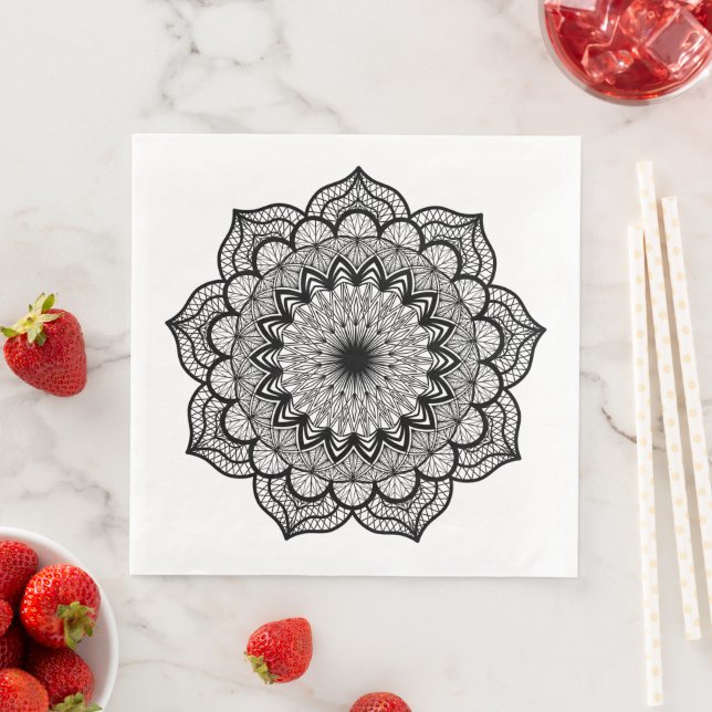 Guardanapo De Papel De Jantar Mandalá Preto em Fundo Branco (Insitu)