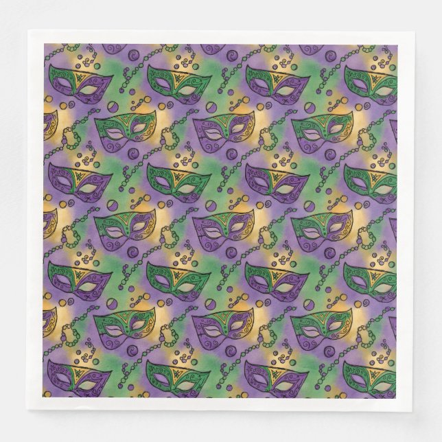 Guardanapo De Papel De Jantar Mardi Gras Masks and Beads Purple Green Yellow (Frente)