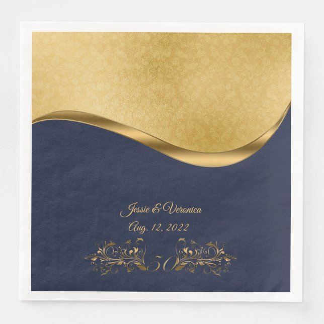 Guardanapo De Papel De Jantar Marinho Azul e Dourado 50º Aniversário de Casament (Frente)
