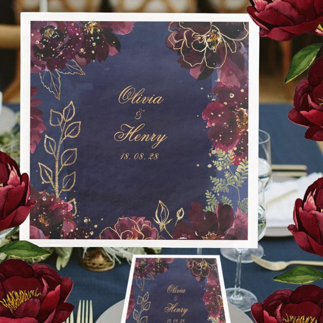 Guardanapo De Papel De Jantar Marinho Bordeaux Wedding 8 Polegada (Criador carregado)