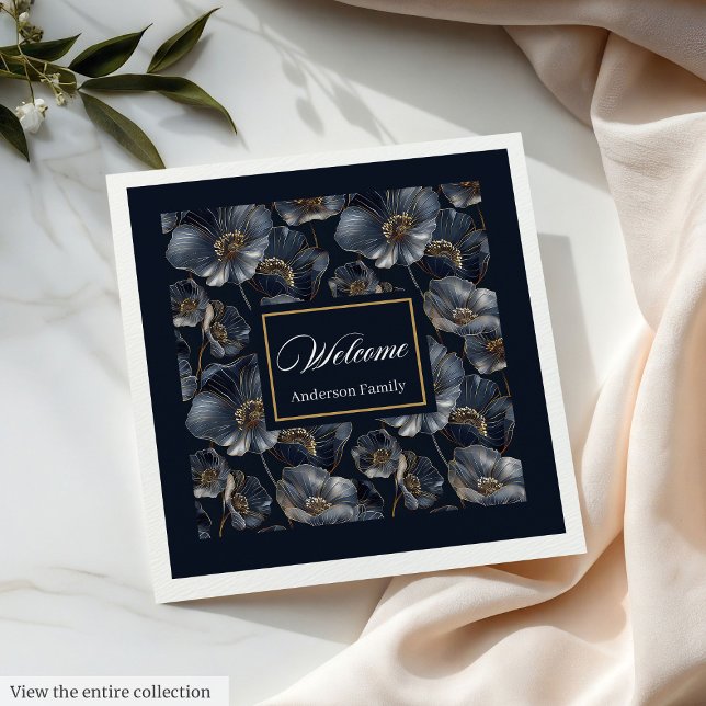 Guardanapo De Papel De Jantar Marinho Dourado Floral Napkins Elegante Monograma (Navy Gold Floral Napkins Elegant Monogram Accent)