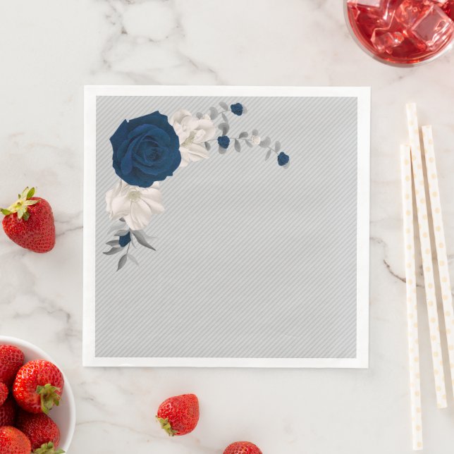 Guardanapo De Papel De Jantar marinho e flores brancas cinza casamento (Insitu)