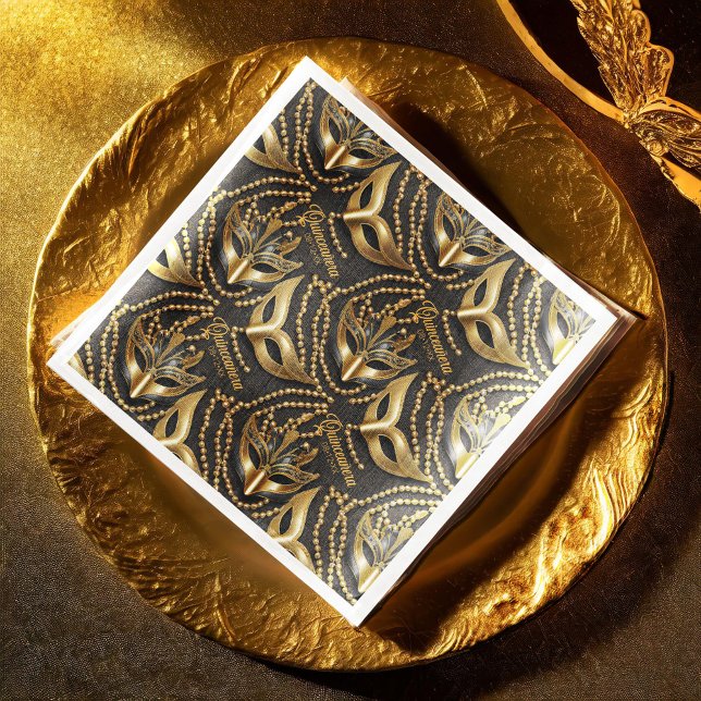 Guardanapo De Papel De Jantar Mascarada Quinceanera Miçanga Máscaras Pretas ID10 (Criador carregado)