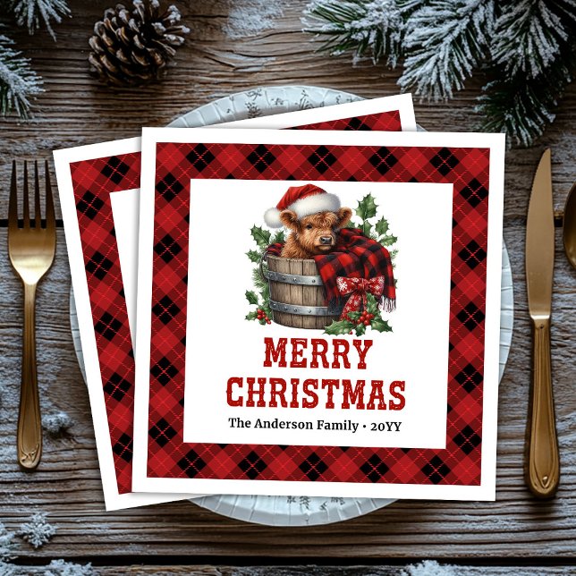 Guardanapo De Papel De Jantar Minimal highland cow red black plaid napkins (Minimal highland cow red black plaid napkin)
