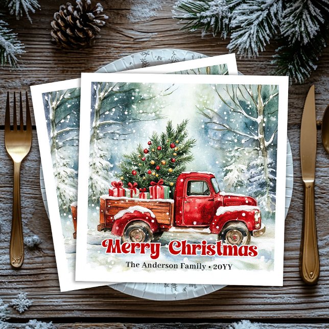 Guardanapo De Papel De Jantar Modern red truck Christmas scene rustic napkins  (Modern red truck Christmas scene rustic napkins set)